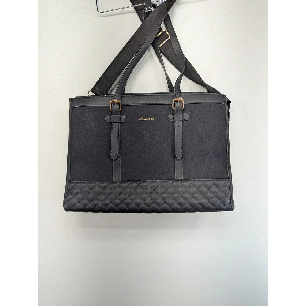 Lovevook Laptop Tote Bag Black Quilted Canvas Faux Leather Work Briefcase 16in